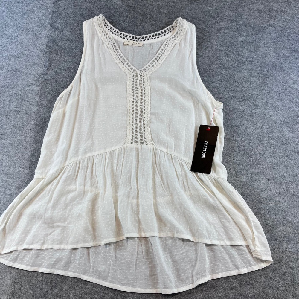 Lovestitch Womens Swiss Dot Crochet Lace Tank Top White Boho‎ Peplum Small NEW